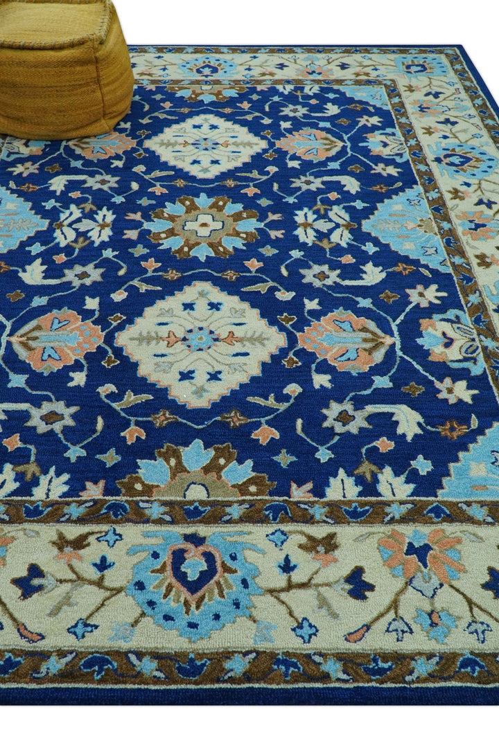Custom Made Traditional Oriental Design Blue And Beige Hand - Tufted Wool Area Rug - The Rug Decor