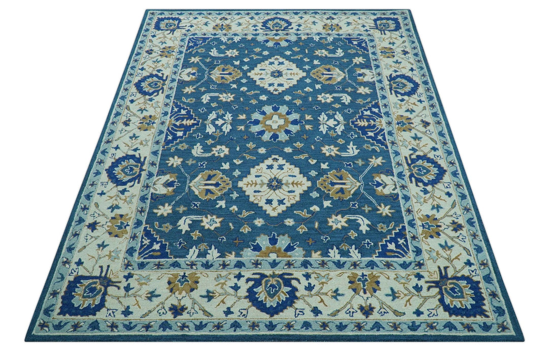 Custom Made Traditional Oriental Design Blue And Beige Hand - Tufted Wool Area Rug - The Rug Decor