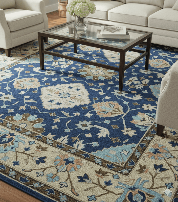 Custom Made Traditional Oriental Design Blue And Beige Hand - Tufted Wool Area Rug - The Rug Decor