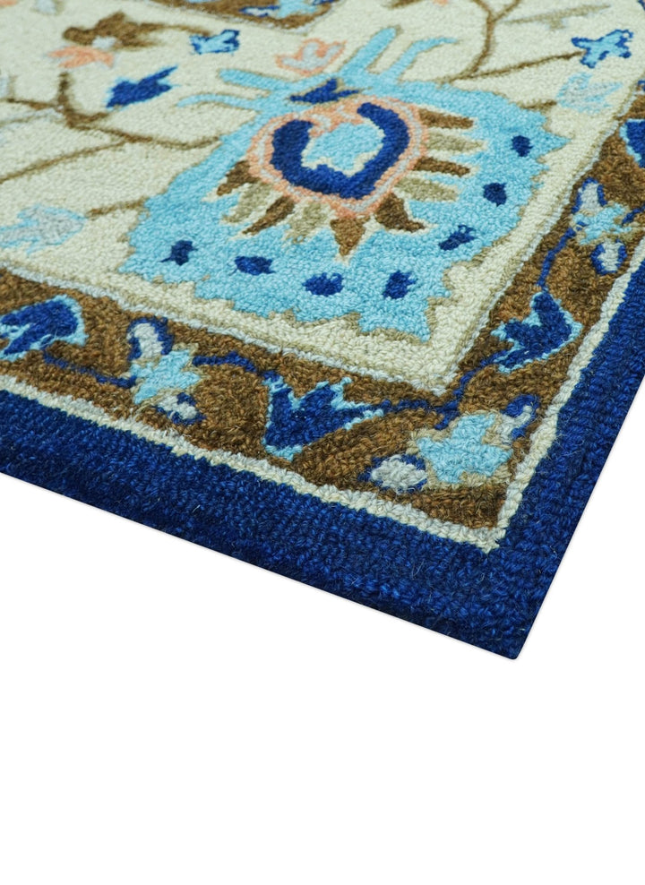 Custom Made Traditional Oriental Design Blue And Beige Hand - Tufted Wool Area Rug - The Rug Decor