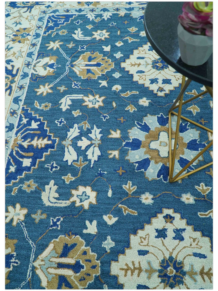 Custom Made Traditional Oriental Design Blue And Beige Hand - Tufted Wool Area Rug - The Rug Decor