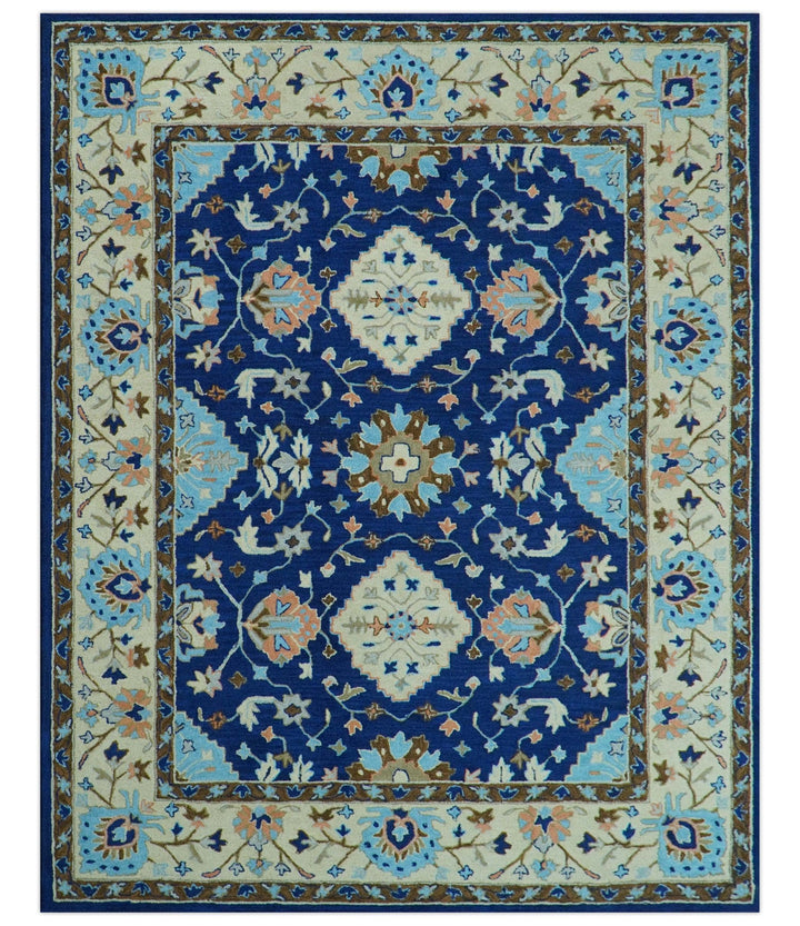 Custom Made Traditional Oriental Design Blue And Beige Hand - Tufted Wool Area Rug - The Rug Decor