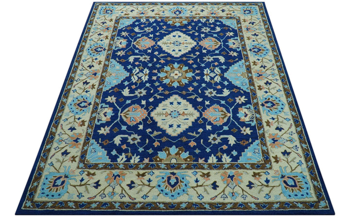 Custom Made Traditional Oriental Design Blue And Beige Hand - Tufted Wool Area Rug - The Rug Decor