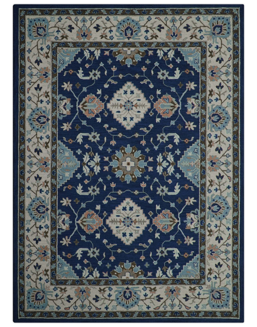 Custom Made Traditional Oriental Design Blue And Beige Hand - Tufted Wool Area Rug - The Rug Decor