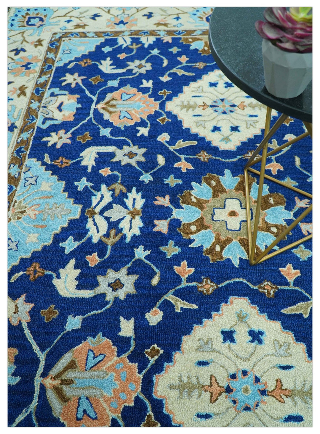 Custom Made Traditional Oriental Design Blue And Beige Hand - Tufted Wool Area Rug - The Rug Decor