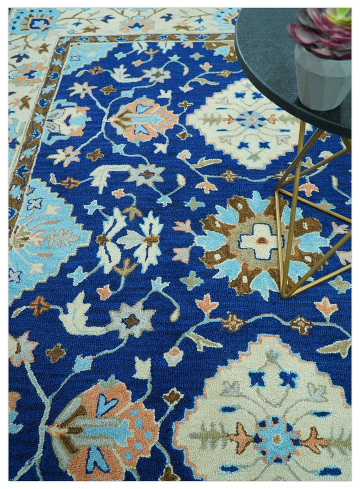 Custom Made Traditional Oriental Design Blue And Beige Hand - Tufted Wool Area Rug - The Rug Decor