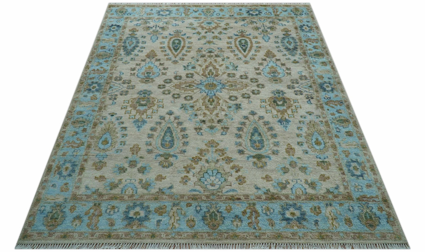 Custom Made Traditional Oriental Design Ivory And Blue Hand knotted Wool Area Rug - The Rug Decor