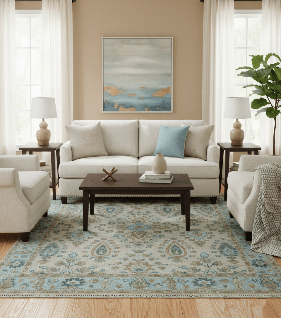 Custom Made Traditional Oriental Design Ivory And Blue Hand knotted Wool Area Rug - The Rug Decor