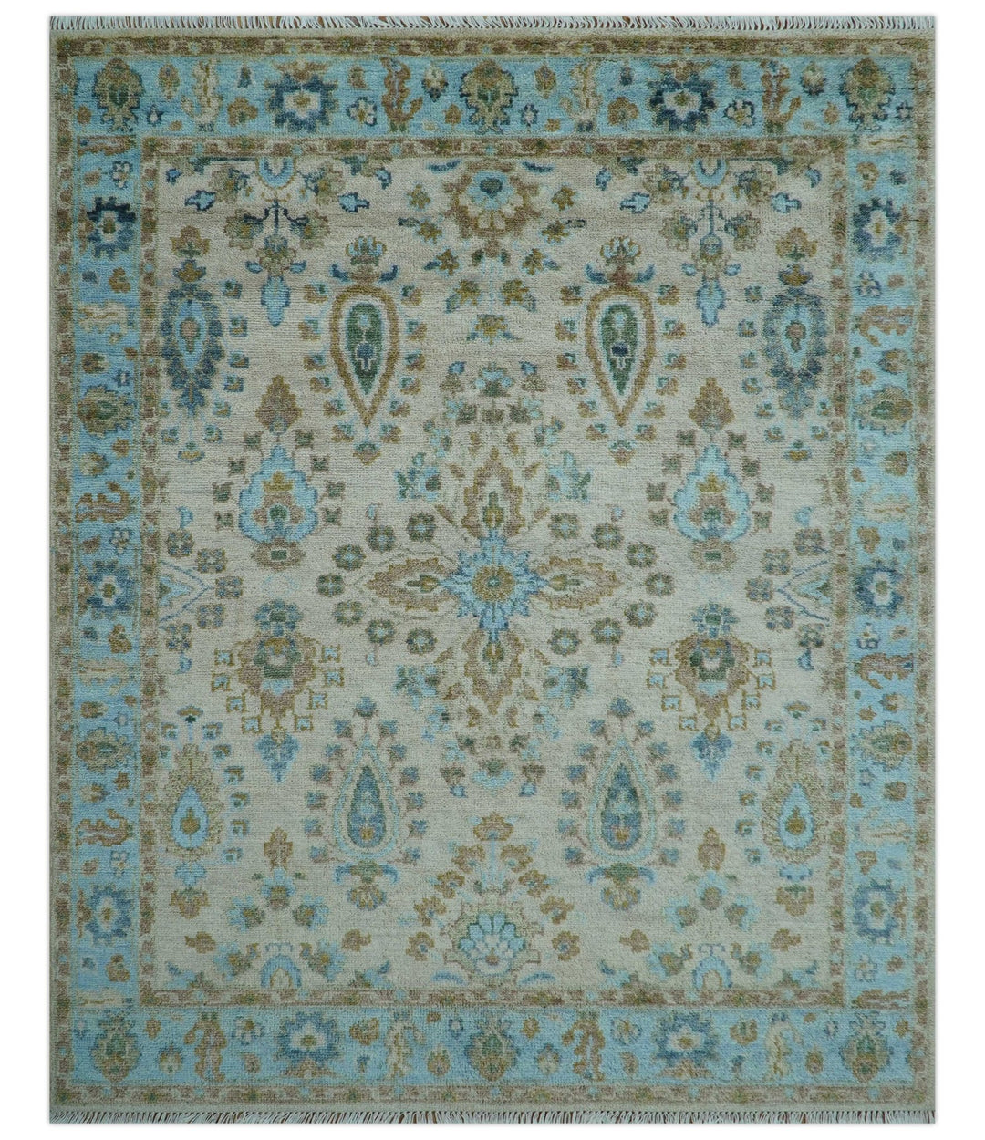 Custom Made Traditional Oriental Design Ivory And Blue Hand knotted Wool Area Rug - The Rug Decor