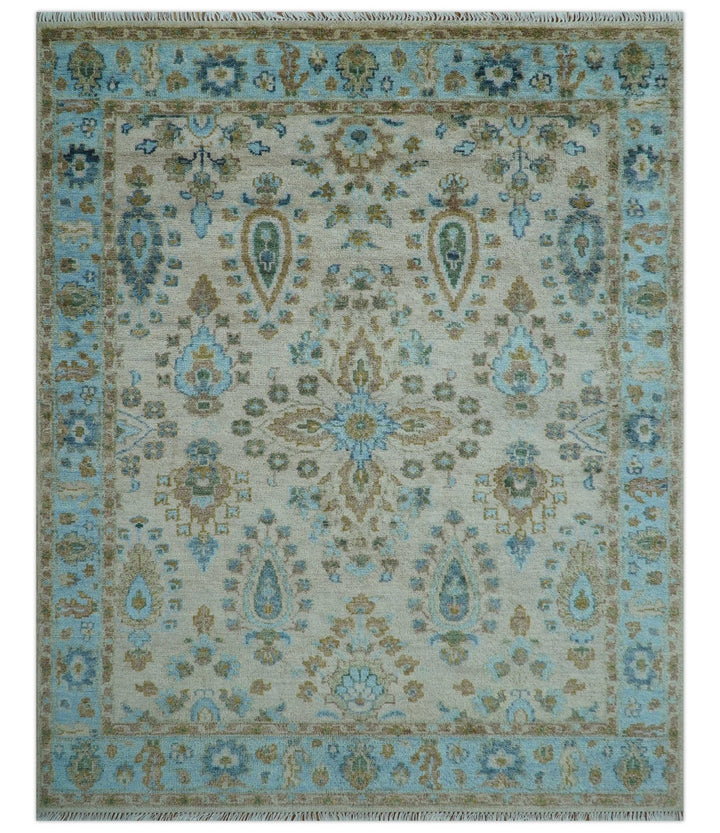 Custom Made Traditional Oriental Design Ivory And Blue Hand knotted Wool Area Rug - The Rug Decor