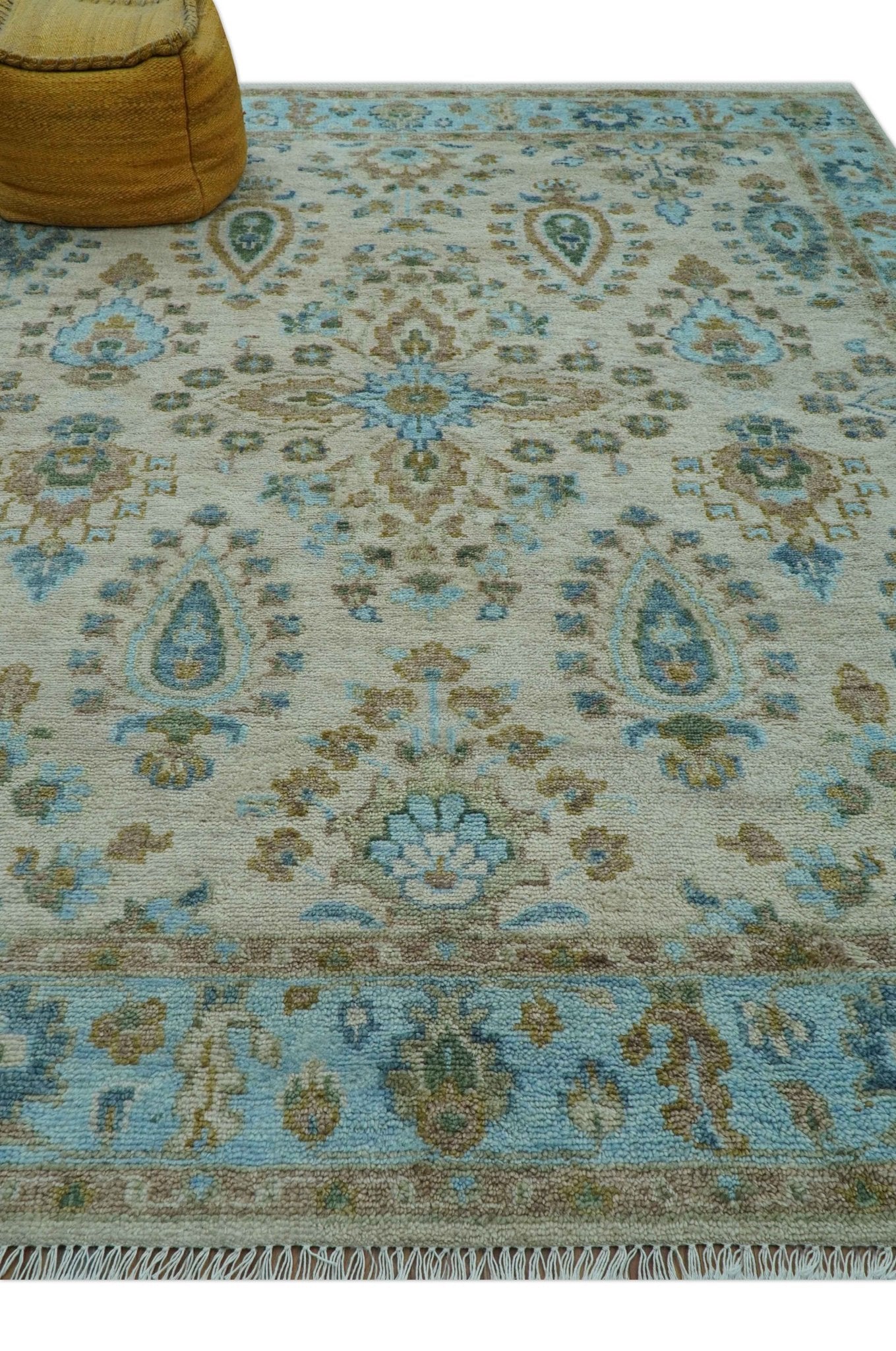 Custom Made Traditional Oriental Design Ivory And Blue Hand knotted Wool Area Rug - The Rug Decor