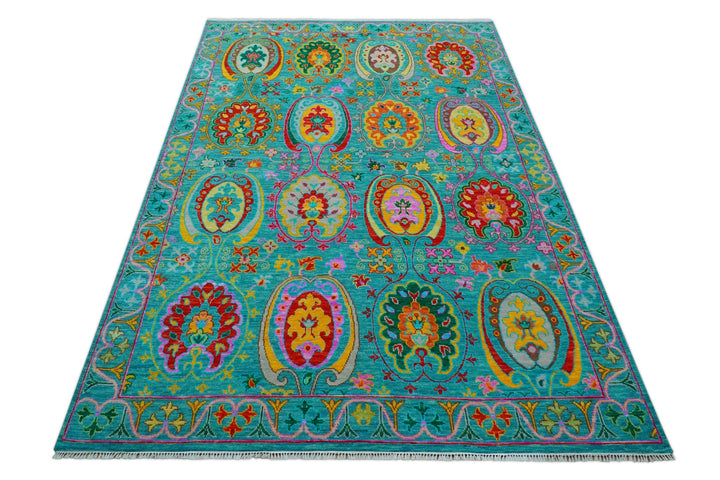 Custom Made Traditional Oriental Design Teal Hand Knotted Wool Area Rug - The Rug Decor