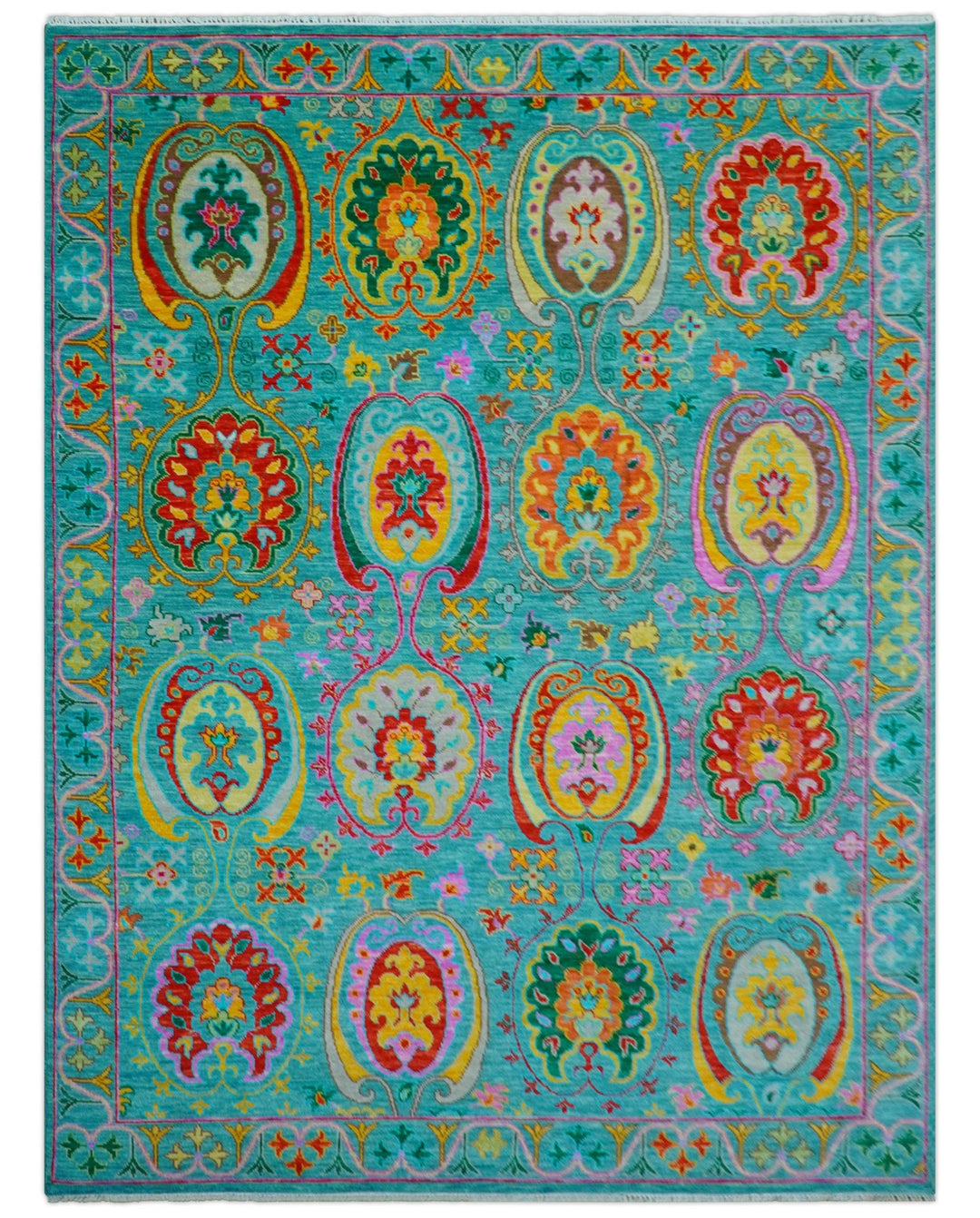 Custom Made Traditional Oriental Design Teal Hand Knotted Wool Area Rug - The Rug Decor