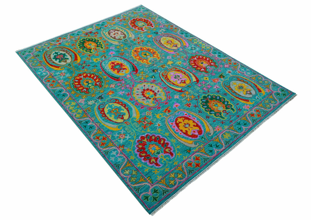 Custom Made Traditional Oriental Design Teal Hand Knotted Wool Area Rug - The Rug Decor