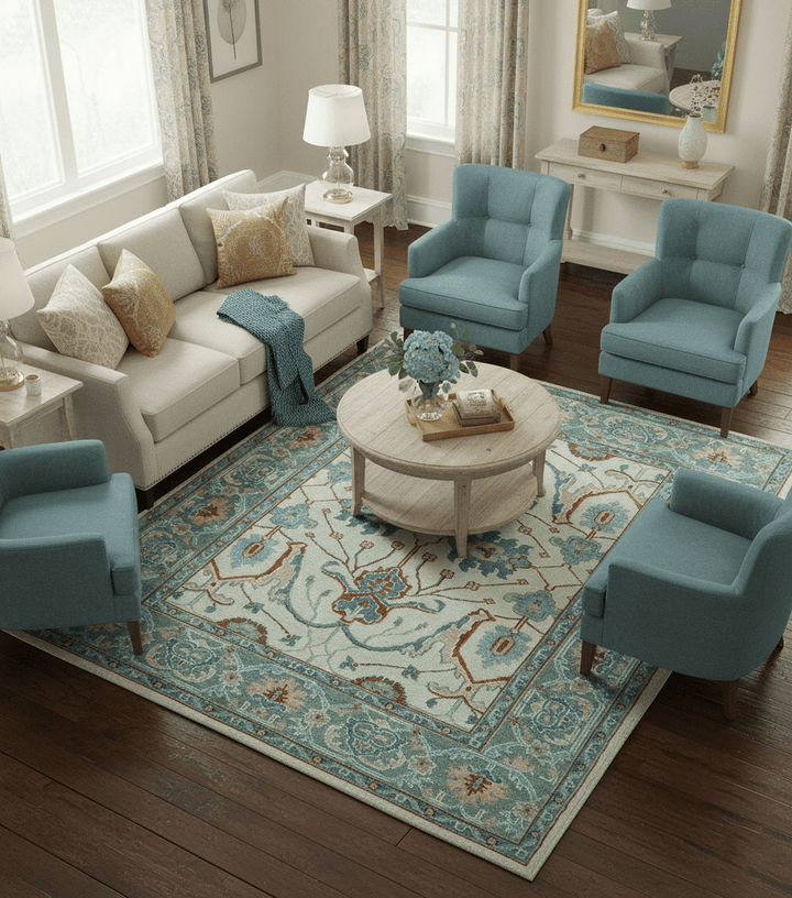 Custom Made Traditional Oriental Oushak Ivory And Blue Hand Knotted Wool Rug - The Rug Decor