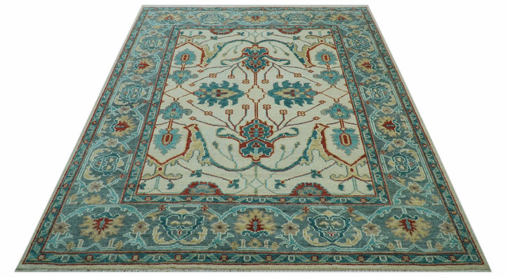 Custom Made Traditional Oriental Oushak Ivory And Blue Hand Knotted Wool Rug - The Rug Decor