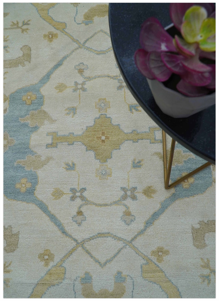 Custom Made Traditional Oushak Beige And Blue Hand Knotted Wool Rug - The Rug Decor