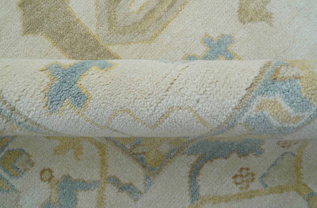 Custom Made Traditional Oushak Beige And Blue Hand Knotted Wool Rug - The Rug Decor