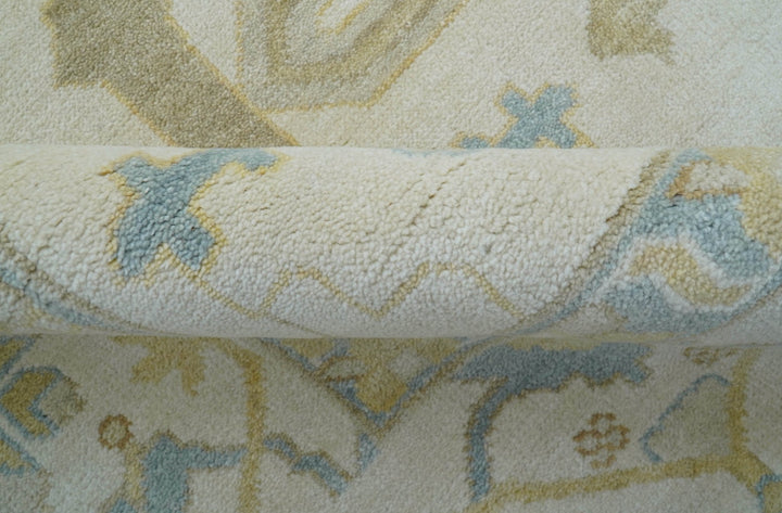Custom Made Traditional Oushak Beige And Blue Hand Knotted Wool Rug - The Rug Decor