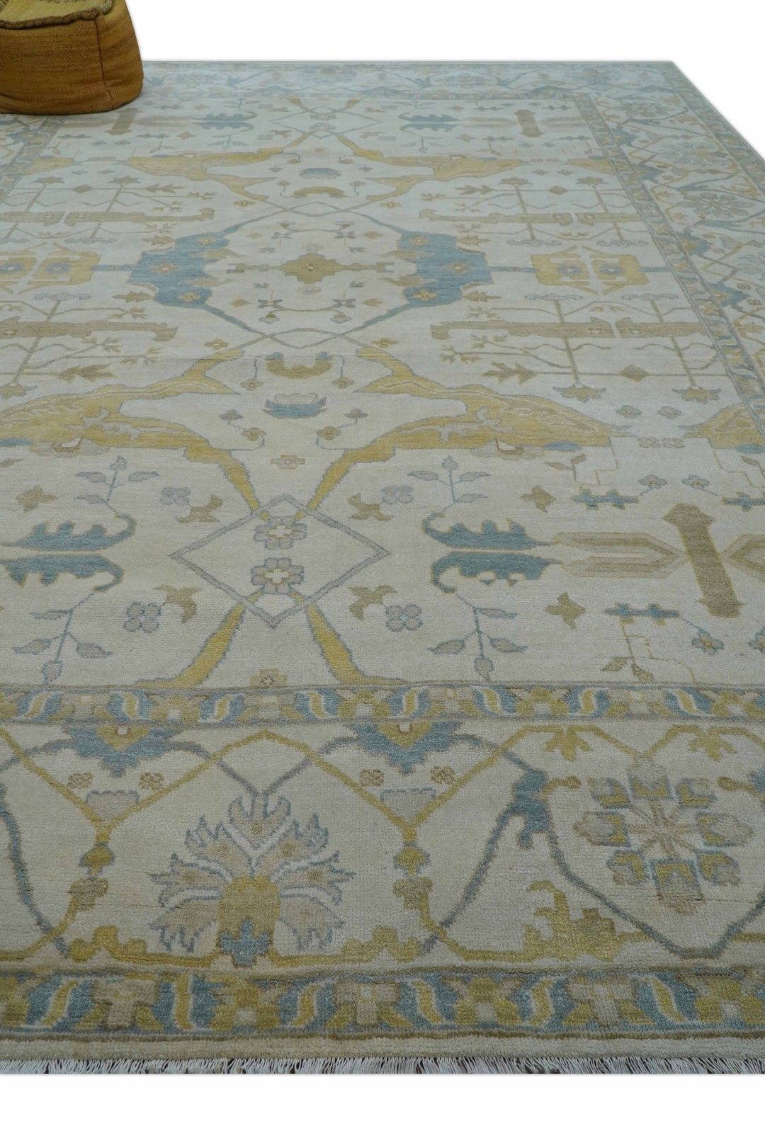 Custom Made Traditional Oushak Beige And Blue Hand Knotted Wool Rug - The Rug Decor