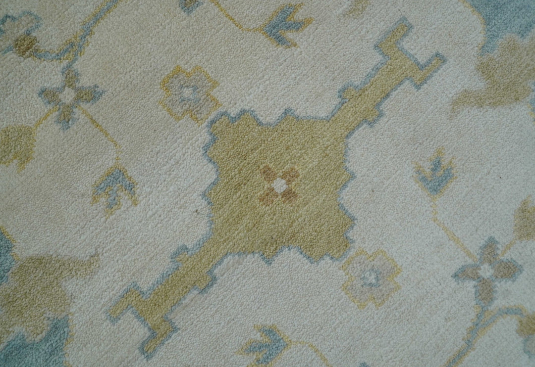 Custom Made Traditional Oushak Beige And Blue Hand Knotted Wool Rug - The Rug Decor