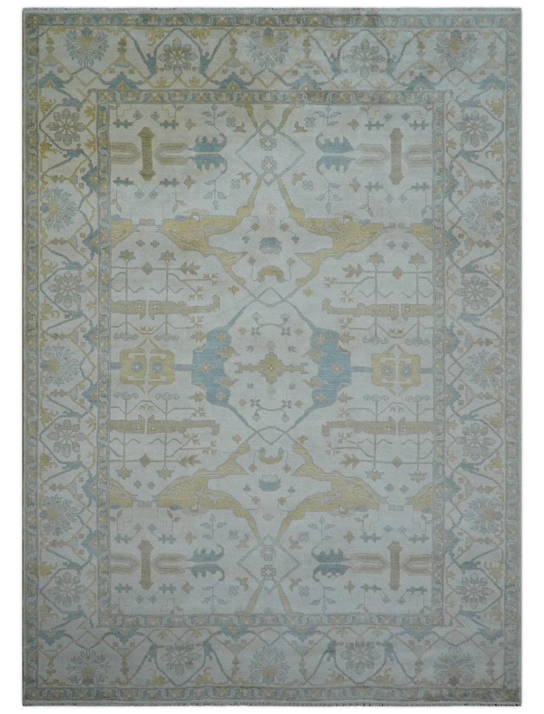 Custom Made Traditional Oushak Beige And Blue Hand Knotted Wool Rug - The Rug Decor