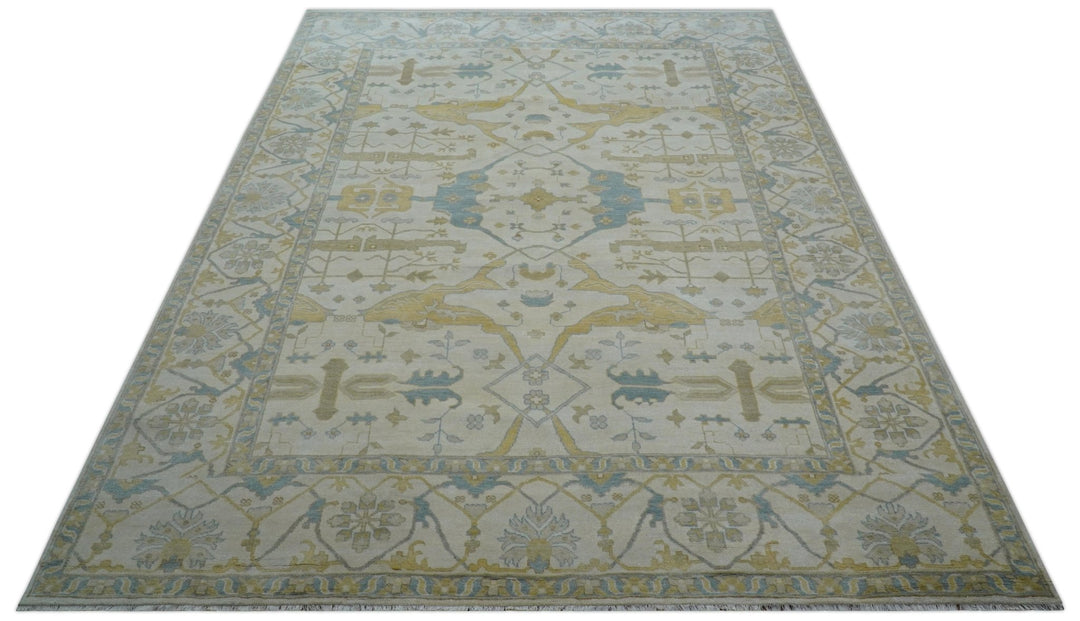Custom Made Traditional Oushak Beige And Blue Hand Knotted Wool Rug - The Rug Decor