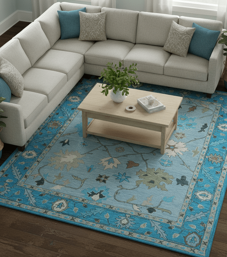 Custom Made Traditional Oushak Blue And Beige Hand Tufted Wool Area Rug - The Rug Decor