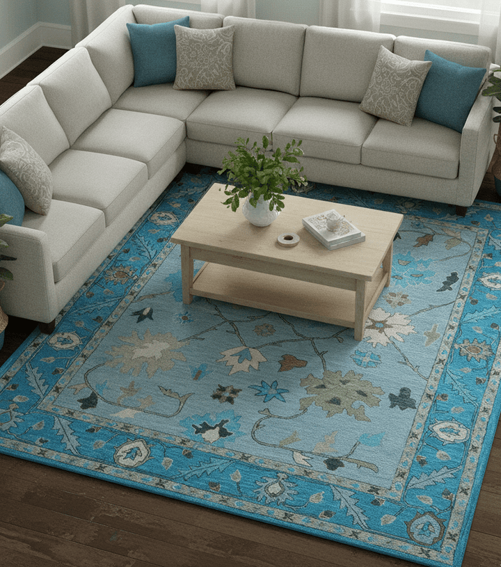 Custom Made Traditional Oushak Blue And Beige Hand Tufted Wool Area Rug - The Rug Decor