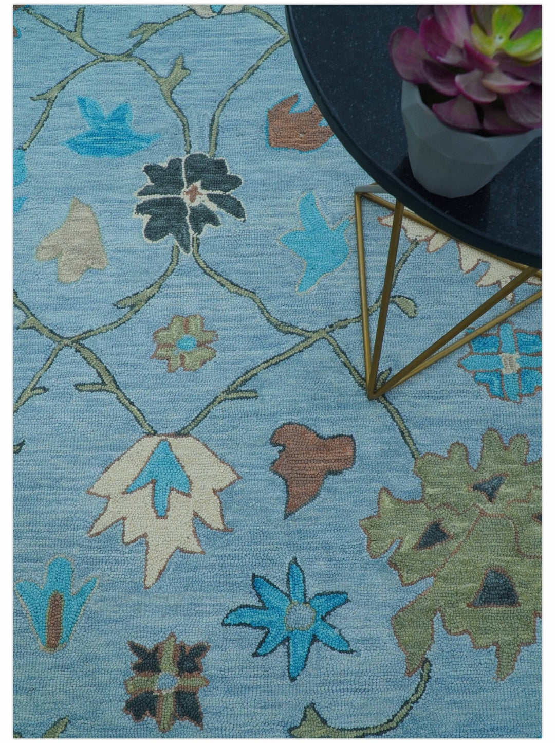 Custom Made Traditional Oushak Blue And Beige Hand Tufted Wool Area Rug - The Rug Decor