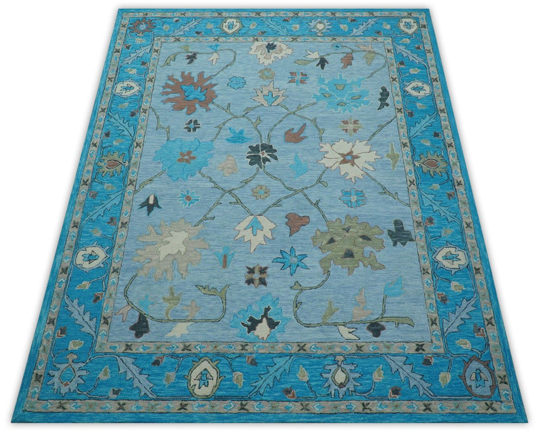Custom Made Traditional Oushak Blue And Beige Hand Tufted Wool Area Rug - The Rug Decor