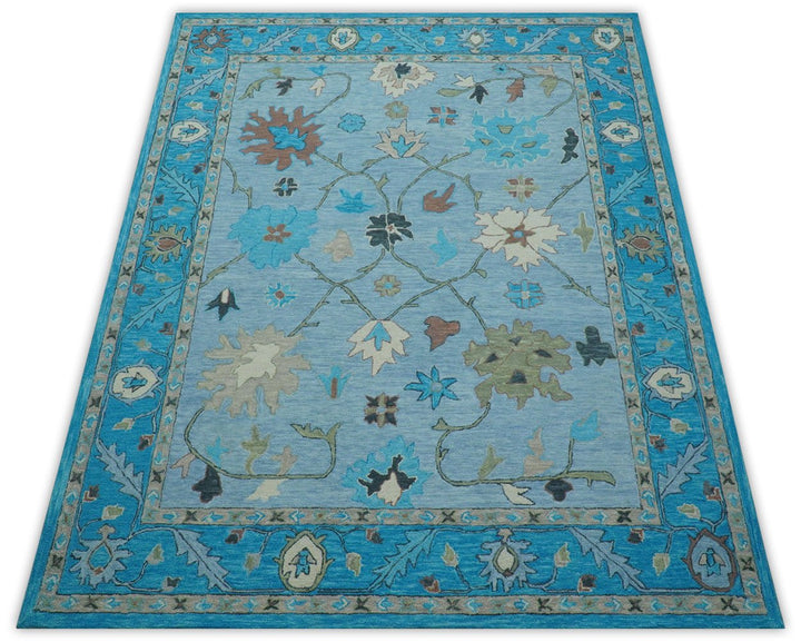 Custom Made Traditional Oushak Blue And Beige Hand Tufted Wool Area Rug - The Rug Decor