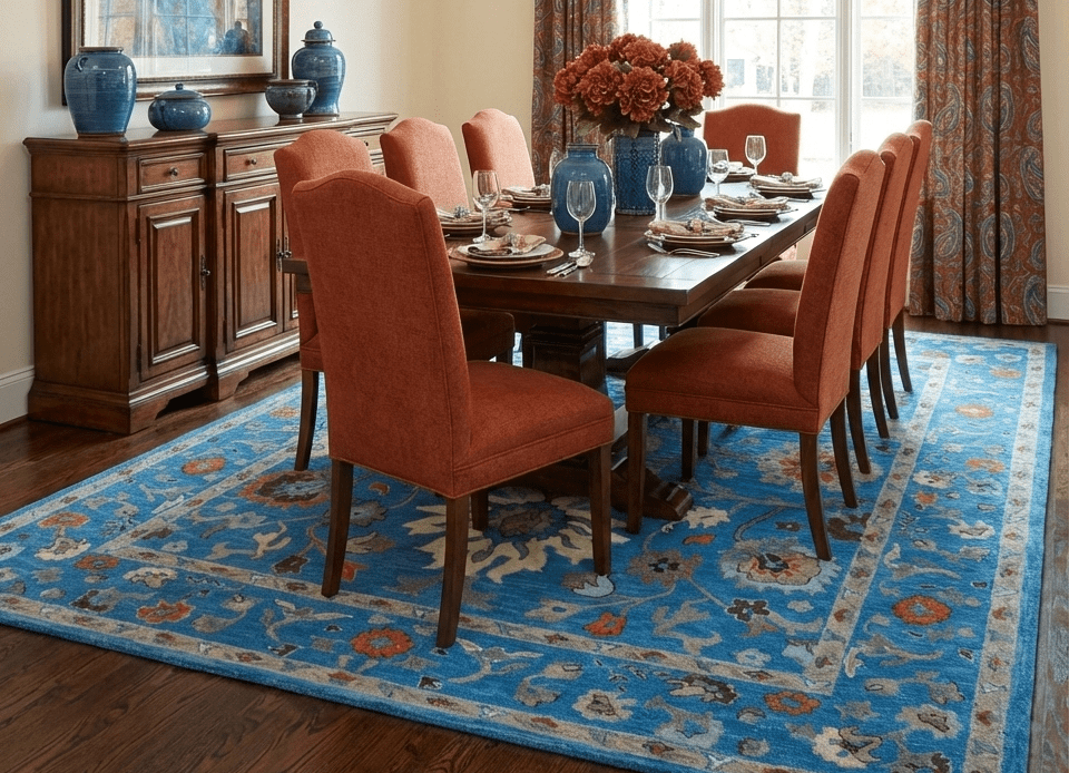 Custom Made Traditional Oushak Blue And Beige Hand Tufted Wool Rug - The Rug Decor