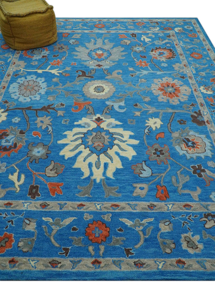 Custom Made Traditional Oushak Blue And Beige Hand Tufted Wool Rug - The Rug Decor