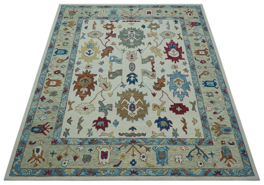 Custom Made Traditional Oushak Blue And Beige Hand Tufted Wool Rug - The Rug Decor