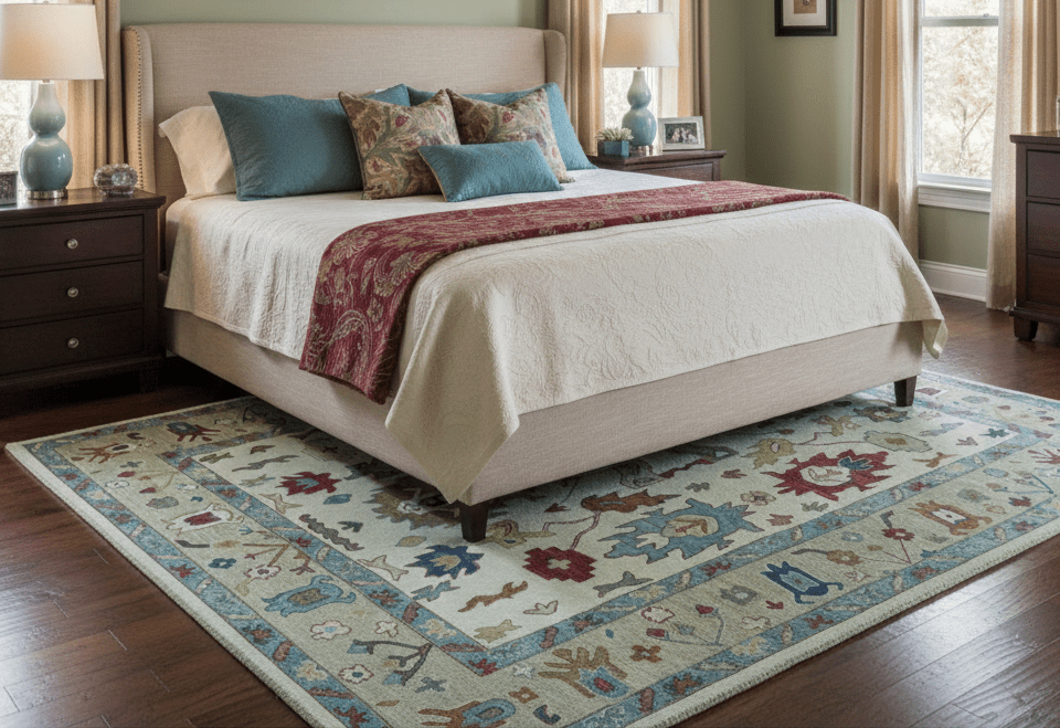 Custom Made Traditional Oushak Blue And Beige Hand Tufted Wool Rug - The Rug Decor