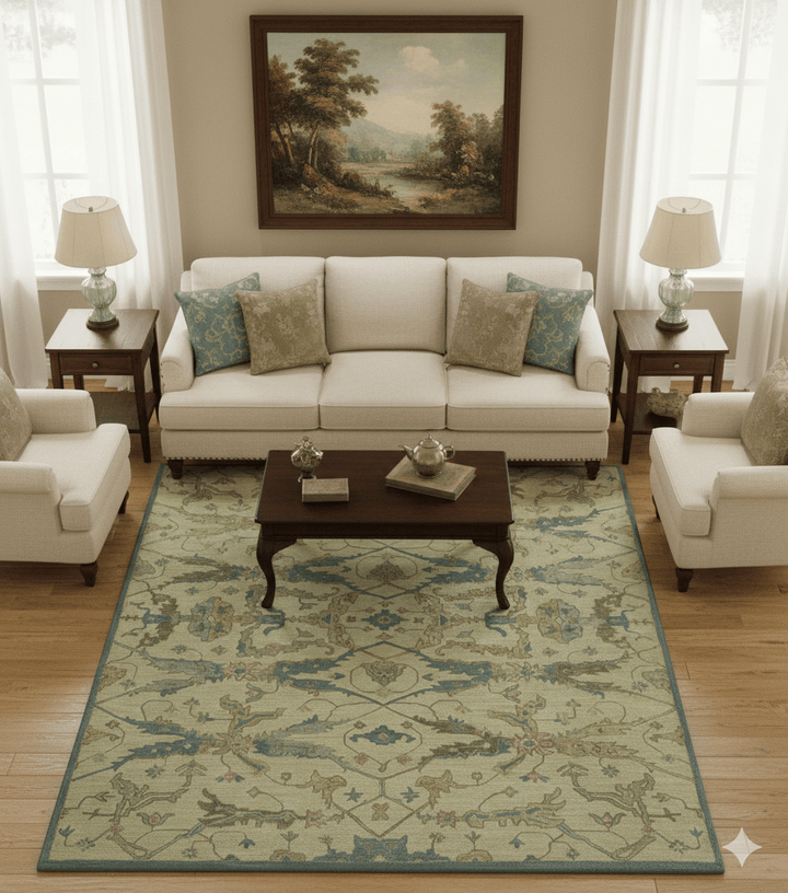 Custom Made Traditional Oushak Design Beige And Blue Hand Tufted Wool Area Rug - The Rug Decor