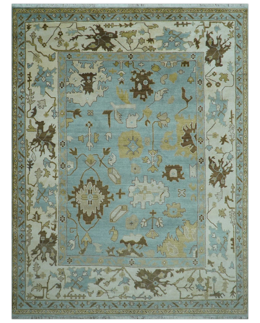 Custom Made Traditional Oushak Design Blue Hand Knotted Wool Area Rug - The Rug Decor