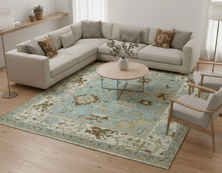 Custom Made Traditional Oushak Design Blue Hand Knotted Wool Area Rug - The Rug Decor