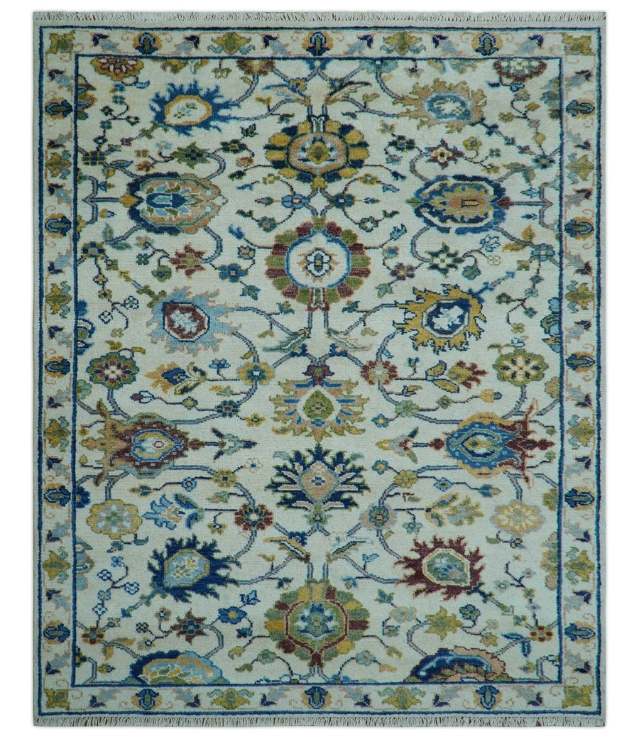 Custom Made Traditional Oushak Design Ivory And Blue Hand Knotted Wool Area Rug - The Rug Decor