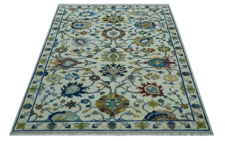 Custom Made Traditional Oushak Design Ivory And Blue Hand Knotted Wool Area Rug - The Rug Decor