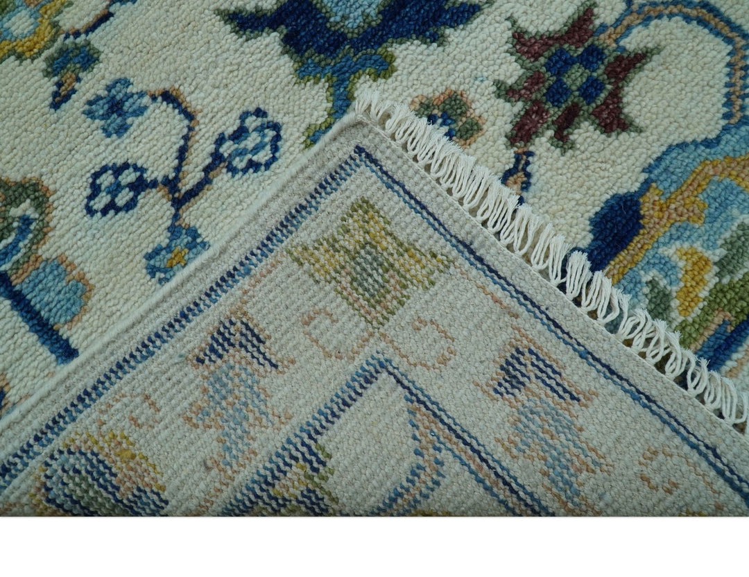 Custom Made Traditional Oushak Design Ivory And Blue Hand Knotted Wool Area Rug - The Rug Decor