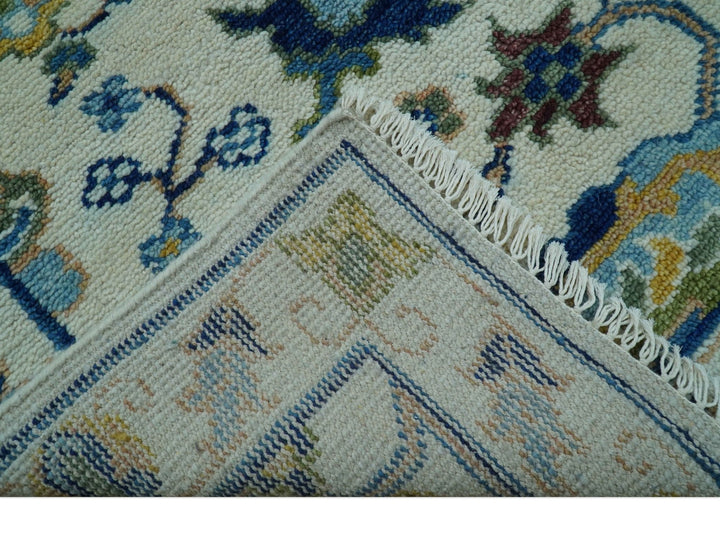 Custom Made Traditional Oushak Design Ivory And Blue Hand Knotted Wool Area Rug - The Rug Decor