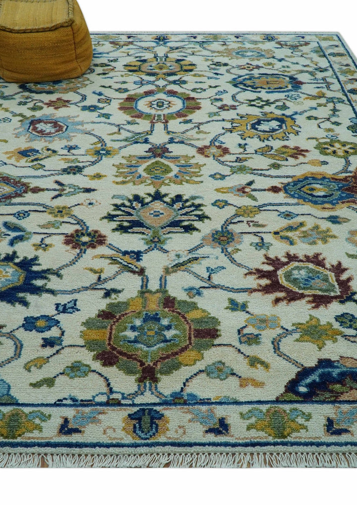Custom Made Traditional Oushak Design Ivory And Blue Hand Knotted Wool Area Rug - The Rug Decor