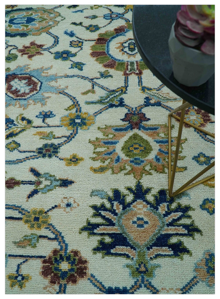 Custom Made Traditional Oushak Design Ivory And Blue Hand Knotted Wool Area Rug - The Rug Decor