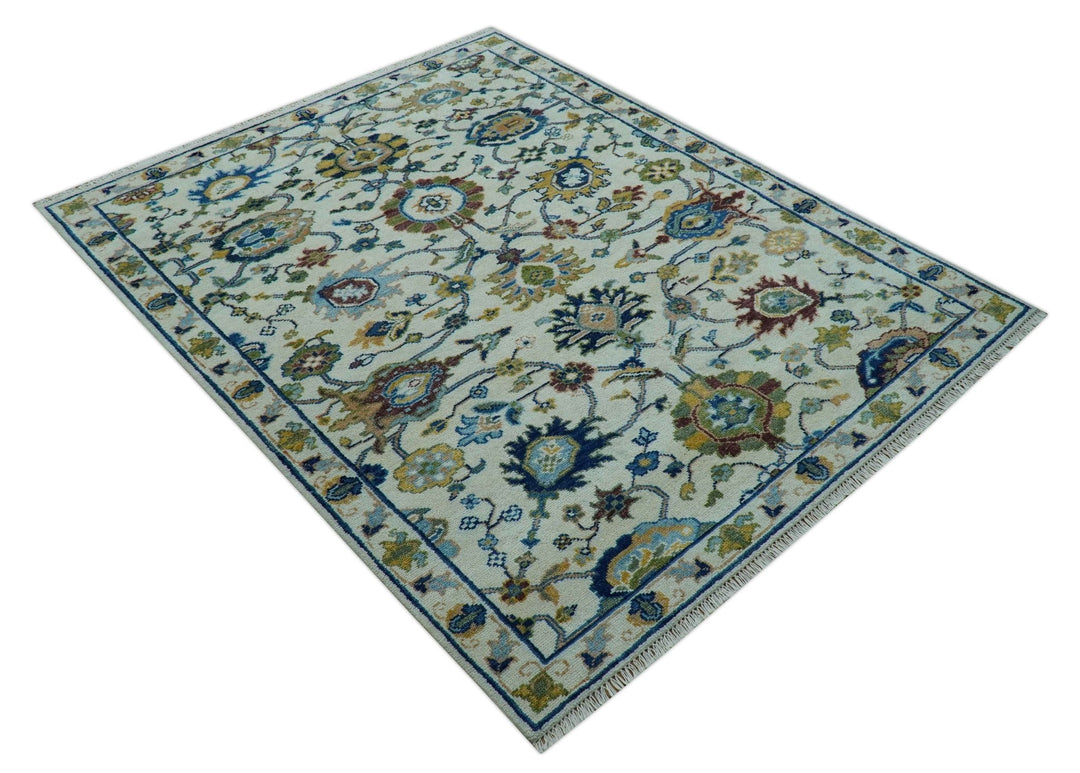 Custom Made Traditional Oushak Design Ivory And Blue Hand Knotted Wool Area Rug - The Rug Decor