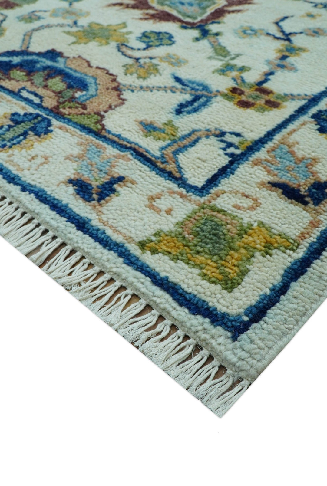 Custom Made Traditional Oushak Design Ivory And Blue Hand Knotted Wool Area Rug - The Rug Decor