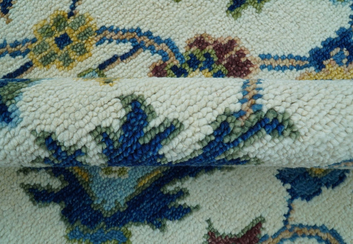 Custom Made Traditional Oushak Design Ivory And Blue Hand Knotted Wool Area Rug - The Rug Decor