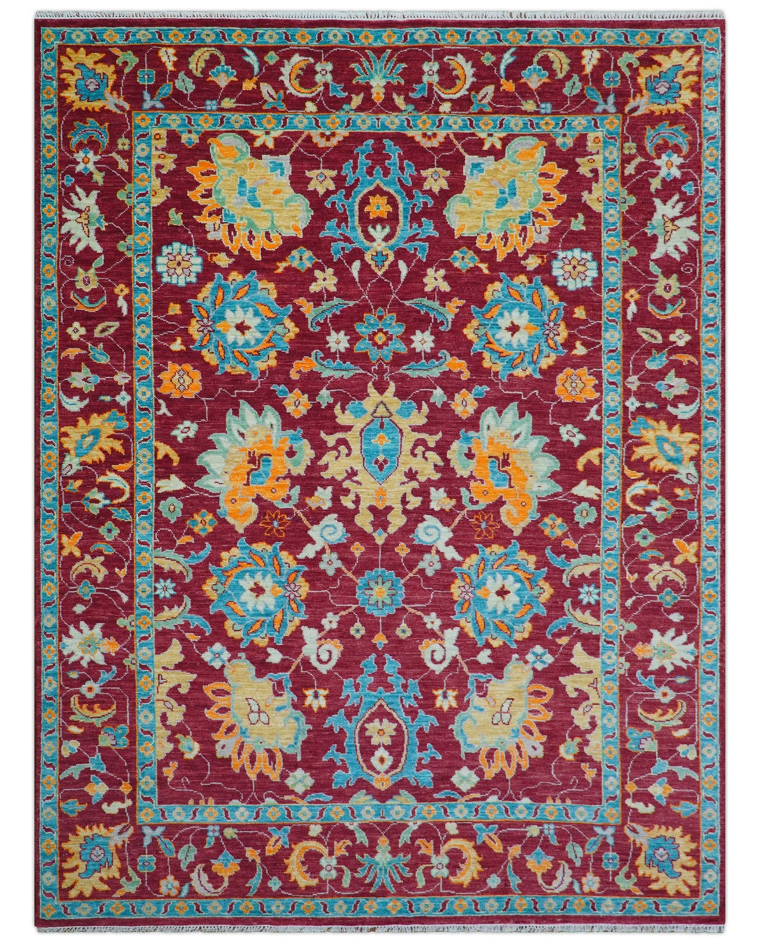 Custom Made Traditional Oushak Design Maroon Hand Knotted Wool Area Rug - The Rug Decor