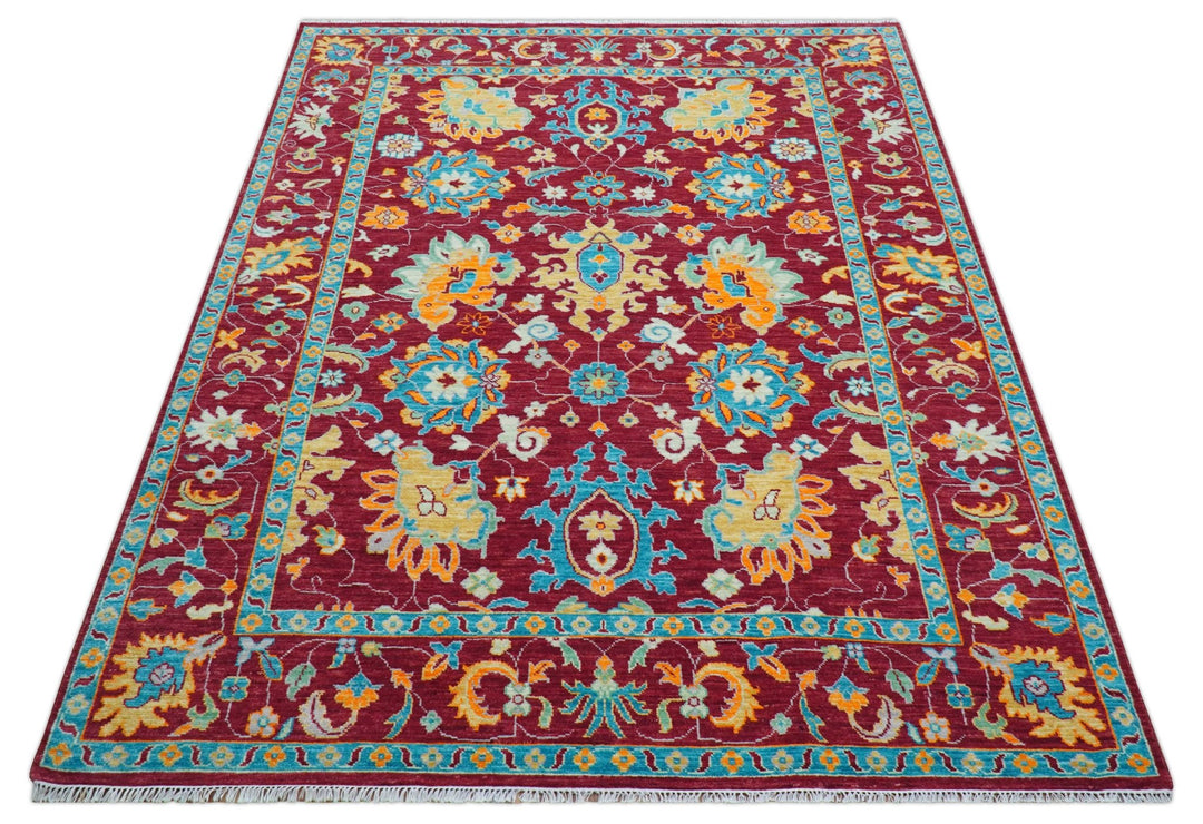 Custom Made Traditional Oushak Design Maroon Hand Knotted Wool Area Rug - The Rug Decor